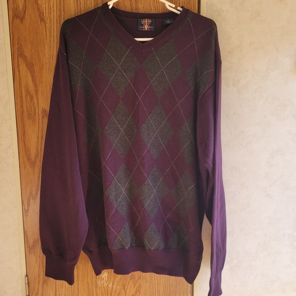 Arrow Argyle Knit Sweater XL Purple Gray Cotton Preppy Classic Layering Piece